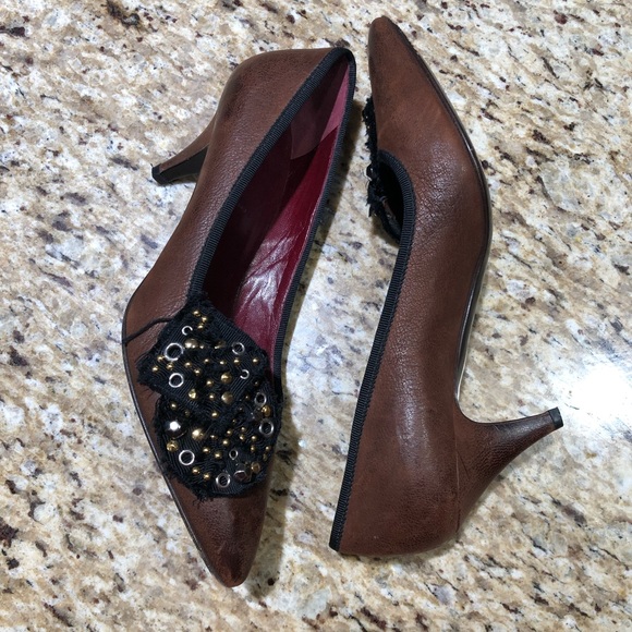 Prada Brown Black Pointed Toe Sequin Stud Rhinestone Embellished Pumps 38 - Picture 5 of 11